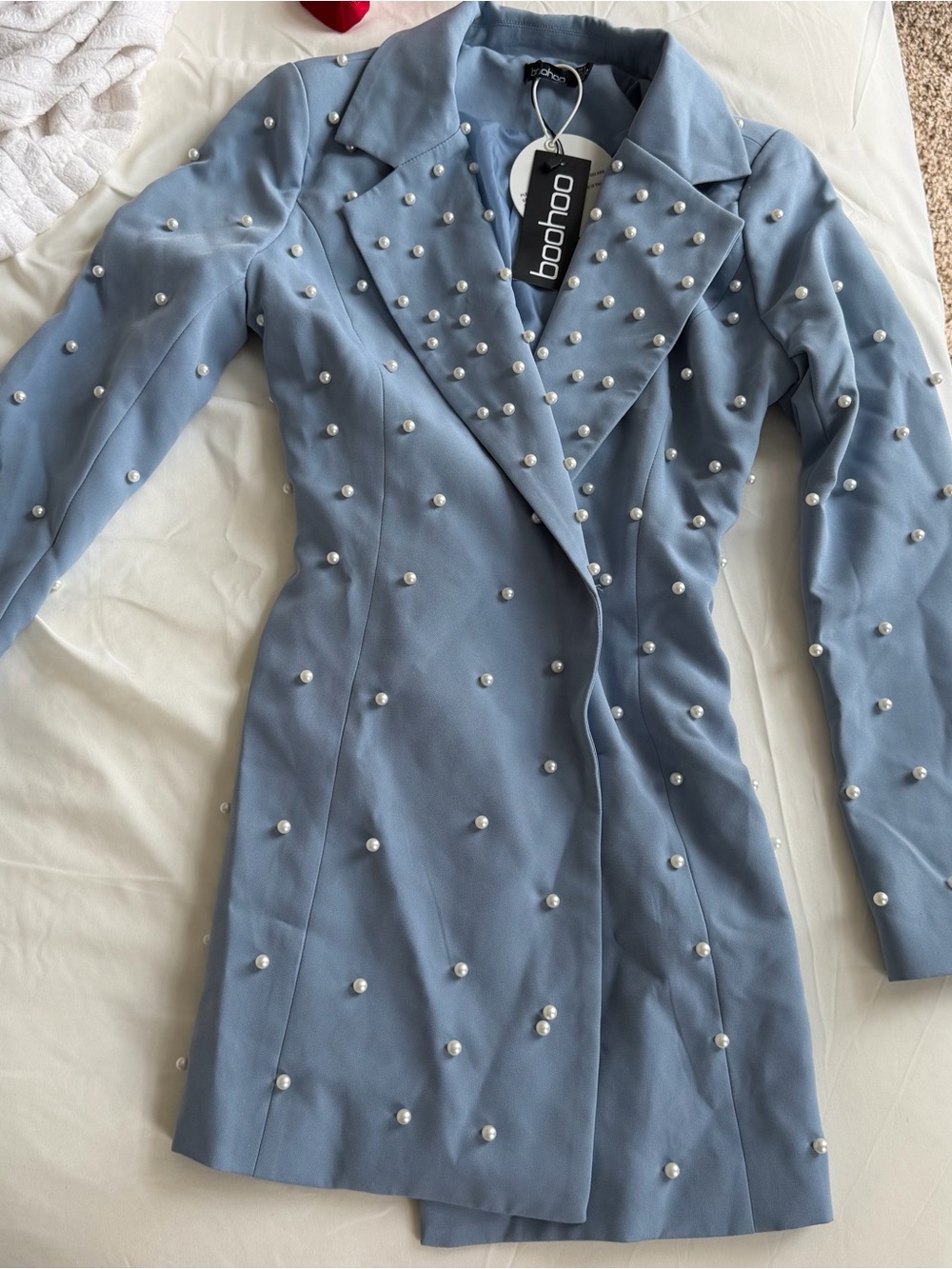 Boohoo Powder Blue Pearl-Studded Longline Blazer Dress